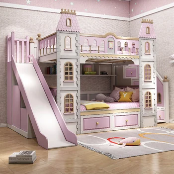 Двухэтажная детская кровать из цельного дерева, двуспальная кровать, кровать матери, высокая и низкая кровать в замке принцессы