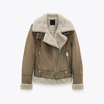 Кожаные куртки свободного покроя Belt Leisure, Новая женская одежда, толстая теплая зимняя мотоциклетная куртка в стиле ретро из овечьей шерсти, пальто для женщин