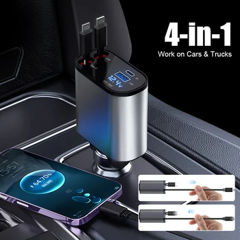 Автомобильное зарядное устройство мощностью 100 Вт 4 В 1, два порта USB с 2 телескопическими кабелями, адаптер прикуривателя для быстрой зарядки Samsung для iPhone