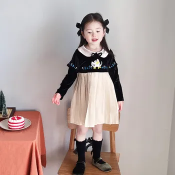 Детское платье 2023, весна-осень, кукольный воротник в Корейском стиле, вышивка бантом, Плиссированное платье принцессы с длинными рукавами для девочек