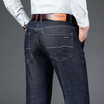 Осенние Новые Классические Прямые джинсы с вышивкой на заднем кармане, деловые Модные джинсовые брюки-стрейч, Черно-синие брендовые брюки