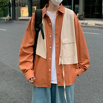 Мужская трендовая рубашка Bugilaku свободного кроя, искусственный жилет из двух частей, весенне-осенняя повседневная рубашка в корейском стиле