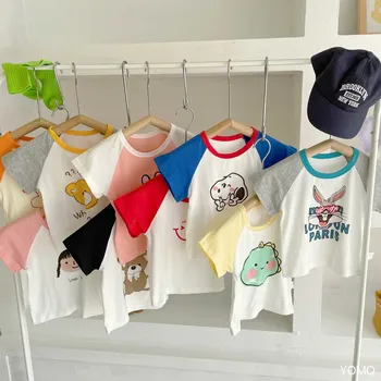 2023 Летняя детская футболка для маленьких мальчиков и девочек, хлопковая рубашка с мультяшным принтом, повседневная Корейская рубашка с коротким рукавом, топы от 1 до 2 лет