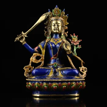 Антикварная коллекция, инкрустированная медью Перегородчатая эмаль, тибетский Бодхисаттва Маншу / Статуя Будды, домашние декоративные поделки