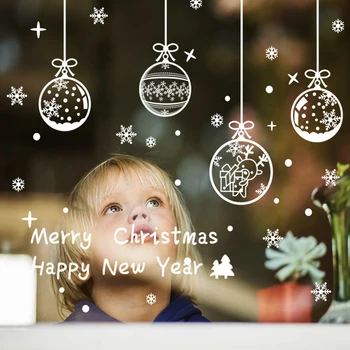 Веселого Рождества Наклейки на окна, наклейки в виде снежинок, наклейки с шариками, рождественские украшения для дома Navidad, с Новым 2024 годом