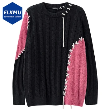 Бандажный свитер в стиле пэчворк с цветным блоком, Черный Модный Свободный вязаный пуловер, уличная одежда в стиле харадзюку, свитер в стиле хип-хоп, Черный, серый 2023 г.
