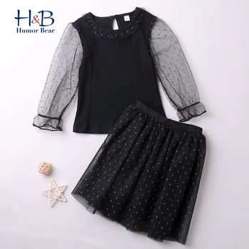 Комплект одежды Humor Bear для девочек, летняя рубашка с длинными рукавами + сетчатая юбка в стиле пэчворк, 2 предмета, повседневная одежда для малышей