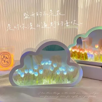 DIY Cloud Tulip Светодиодный ночник для спальни девушки Украшения Креативная Фоторамка Зеркало Настольные лампы прикроватные подарки ручной работы на День рождения