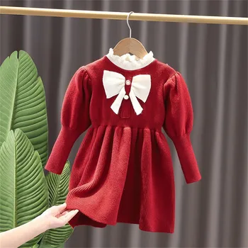 Вязаное платье-свитер для маленьких девочек с бантом, детское однотонное красное кружевное платье с длинным рукавом для подружек невесты, платья для крещения девочек
