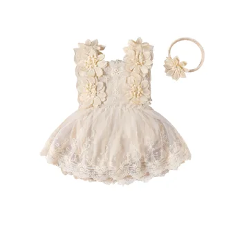 Платье для девочки 0-1 года и малышей, летний новый комбинезон, кружевной жилет, комбинезон + повязка на голову с цветочным рисунком