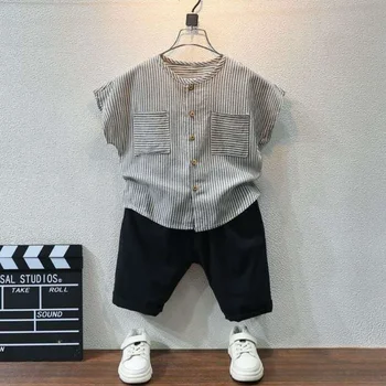 Корейский красивый комплект для мальчиков, Детская одежда из хлопка / льна, летняя Детская одежда с коротким рукавом для малышей 2-9 лет, комплект из двух предметов для малышей