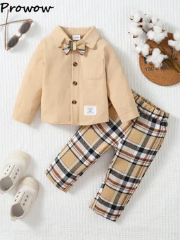 Prowow/ Осенне-зимние комплекты одежды для маленьких мальчиков от 0 до 3 лет, рубашки с галстуком цвета хаки и брюки в клетку, комплекты костюмов для джентльменов для мальчиков для малышей