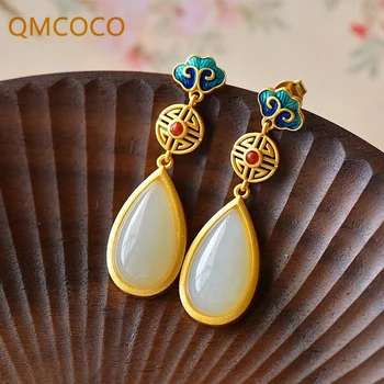 QMCOCO Серебристый цвет, модный дизайн, винтажные серьги с геометрическим белым овальным камнем, женские украшения для вечеринки на День рождения, изысканные подарки