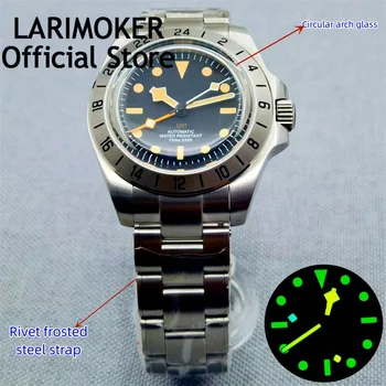 LARIMOKER 40 мм Черный циферблат NH34A (GMT) Автоматические Мужские Часы Браслет С Заклепками матовое Круглое дугообразное стекло