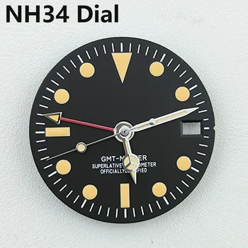 Циферблат NH34 Циферблат GMT Винтажный циферблат Четыре стрелки Зеленый светящийся циферблат часов для механизма NH34 Модифицированные циферблаты Запасные части для часов