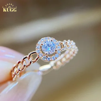 Кольца из желтого золота 18 карат KUGG, кольцо с настоящим натуральным бриллиантом, кольцо для женщин, цепочка, роскошные свадебные украшения круглой формы высокого качества.