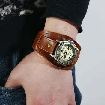 Прочные мужские кварцевые часы в стиле панк, винтажный широкий кожаный ремешок, необычный персонализированный дизайн, высококачественный подарок для мальчиков