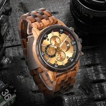 Деревянные наручные часы для мужчин, модные многофункциональные кварцевые наручные часы с золотым циферблатом, Персонализированные мужские деревянные часы, подарок на Хэллоуин