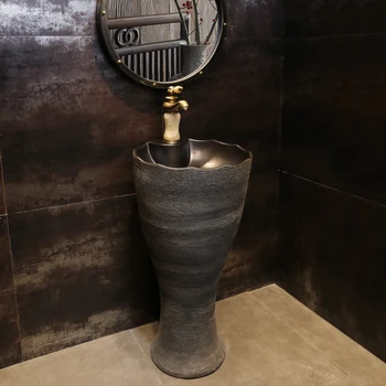 Раковина с колонной из натурального дерева, Вертикальный встроенный умывальник, тип пола в ванной, китайская керамическая раковина на стойке