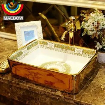 Роскошная Керамическая раковина с прямоугольной столешницей MAEBOW Золотистая Раковина для ванной комнаты