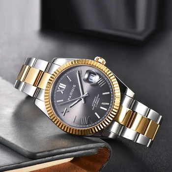Модные мужские часы Parnis 39,5 мм с серым циферблатом, автоматические механические часы, календарь, сапфировое стекло, роскошные мужские часы reloj hombre в подарок