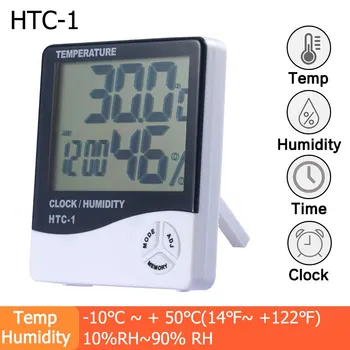 HTC-1 ЖК-электронный цифровой измеритель температуры и влажности, термометр-гигрометр, Метеостанция для помещений и улицы, часы