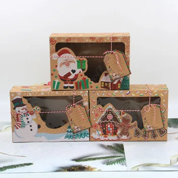 Коробка из Крафт-бумаги 3ШТ, Рождественская коробка для конфет и печенья, окно из ПВХ, коробка для печенья, коробка для упаковки пряников