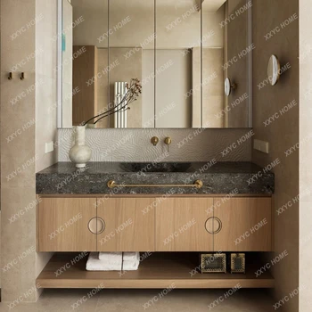 Комбинированный шкаф для ванной комнаты из массива дерева, каменная плита, умывальник для ванной комнаты, столик для умывальника