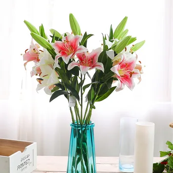 Имитация цветка с 3 головками, лилия, искусственный цветок, свадебное украшение для дома, имитация цветочного растения, горшечный цветок
