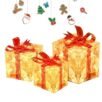 Набор рождественских подарочных коробок с подсветкой на открытом воздухе, состоящий из 3 и 2 режимов, елочные коробки с подсветкой, елочные коробки со светодиодной подсветкой для помещений