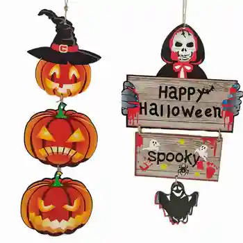 Деревянные подвески с дверными знаками на Хэллоуин, скелет ужаса, тыква, украшение для вечеринки в честь Хэллоуина для дома, подарки для детей, розыгрыш