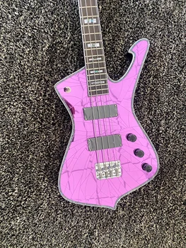 Зеркало в магазине на заказ, 4-струнная Электрическая бас-гитара фиолетового цвета Iceman, Хромированная Фурнитура, Гриф из розового дерева, Черная ручка настройки
