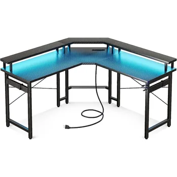 Игровой стол L-образной формы со светодиодной подсветкой и розетками, 51-дюймовый компьютерный стол с подставкой для монитора, черное углеродное волокно