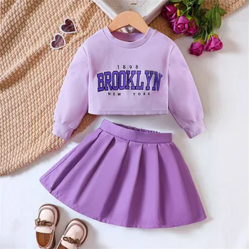 Комплекты модной осенне-зимней одежды для маленьких девочек, толстовка с буквенным принтом, плиссированные юбки, костюмы из 2 предметов, фиолетовые для маленьких девочек от 1 до 6 лет
