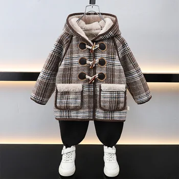 2023 Зимнее повседневное флисовое пальто в клетку с капюшоном для девочек и мальчиков на пуговицах для маленьких детей, детская куртка, верхняя одежда