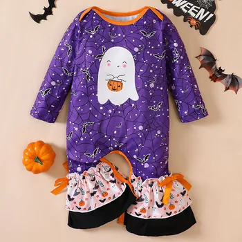 0-24 м Одежда для Хэллоуина, расклешенные брюки для маленьких девочек, милый комбинезон с принтом призрачной тыквы, комбинезон с длинным рукавом, костюм для новорожденных на Хэллоуин