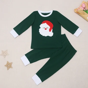 Рождественский комплект для мальчика, Пижама с Санта-Клаусом, вышивка, Две части, Хлопковый материал, Одежда с длинными рукавами, зеленый Однотонный Бант