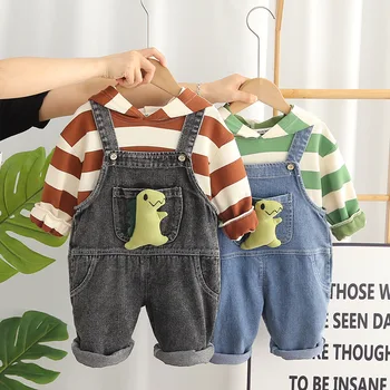 Комплект одежды для маленьких мальчиков и девочек, весенне-осенний джинсовый комбинезон для малышей, хлопковая повседневная одежда в полоску, джинсы с животными, костюм из 2 предметов