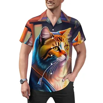 Повседневная рубашка Library Cats с принтом котенка, пляжная свободная рубашка, блузки в гавайском уличном стиле с короткими рукавами, графическая одежда оверсайз