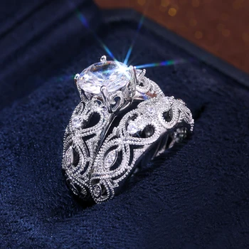 Новые наборы колец для помолвки Solitare из 2 предметов, модные полые кольца, роскошный дизайн с супер блестящим хрустальным камнем