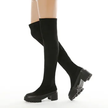 Осенние ботинки на каблуке 5,5 см, женская обувь для ночного клуба с толстым дном, сапоги до колена на толстом высоком каблуке, женские Lhx