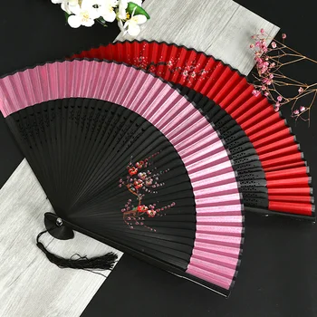 Новый веер для танцев в китайском стиле, красно-черный бамбуковый веер с цветочным принтом, Свадебный веер, Классический Домашний декор для гостиной