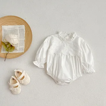 Боди с цветочной вышивкой для маленьких девочек, кружевной воротник-грибок, комбинезон с длинными рукавами для младенцев, Лето-осень, Корейская одежда для малышей 0-24 м