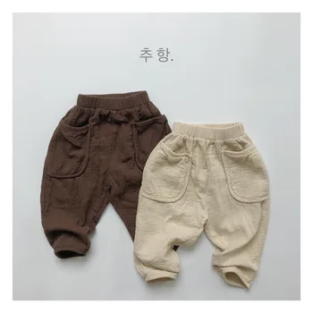 Корейская детская одежда, осень и зима, детские хлопковые и льняные брюки, детская одежда с кулиской в полоску, большие