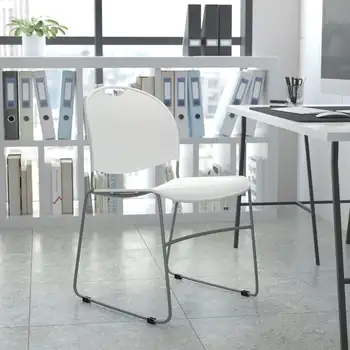 Серия HERCULES 880. Вместительный белый ультракомпактный складной стул с рамой, покрытой серебристым порошком