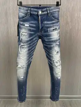 2023 Новые мужские синие джинсы-карандаш с кисточками, с поцарапанными отверстиями, Джинсы A610#