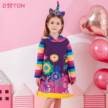 DXTON/ платье с капюшоном для девочек на осень-зиму, детское платье с цветочным принтом, хлопковая одежда в полоску для девочек с длинными рукавами, детские толстовки, платья