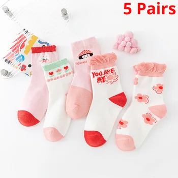 5 пар розовых цветочных вязаных теплых детских хлопчатобумажных носков для девочек, Носки для девочек, женские милые мультяшные средние чулки