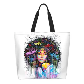 Американская африканская девушка, Чернокожие Женщины, сумка для покупок продуктов, женская милая Холщовая сумка для покупок, сумки большой емкости