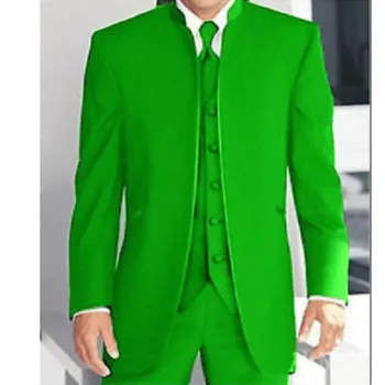 Изготовленные на заказ зеленые костюмы с мандариновым воротником из 3 предметов, мужские официальные свадебные смокинги без пуговиц